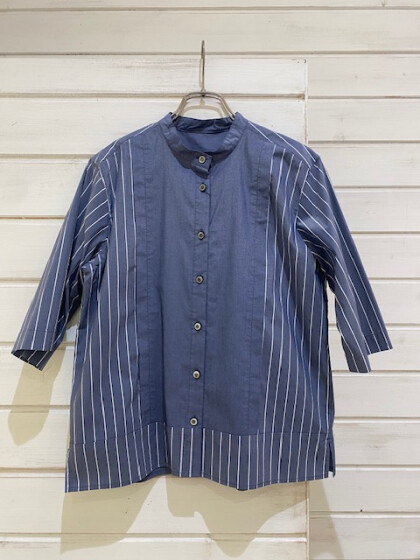 【新作入荷】 ムジストライプコンビ　スタンドネックシャツ
