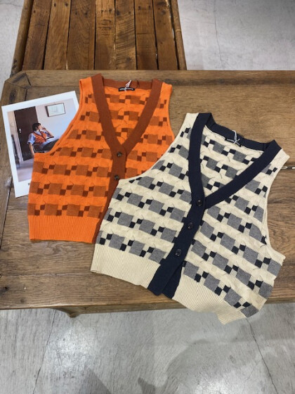 綿麻ブロックジャガード　ニットジレ