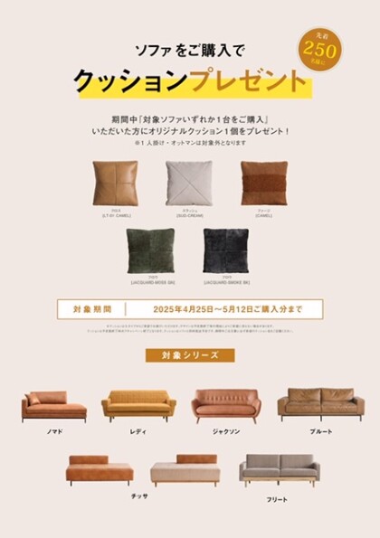 ソファご購入でクッションプレゼント