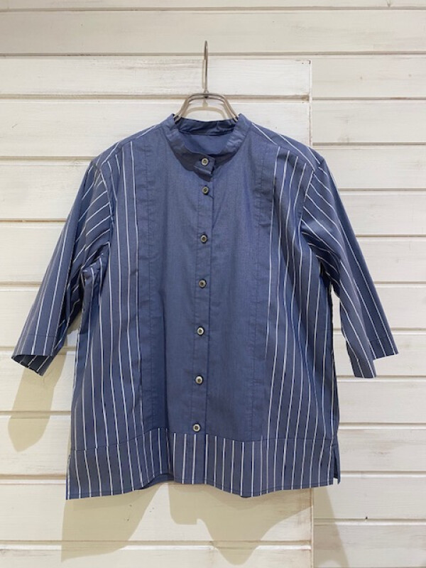 【新作入荷】 ムジストライプコンビ　スタンドネックシャツ
