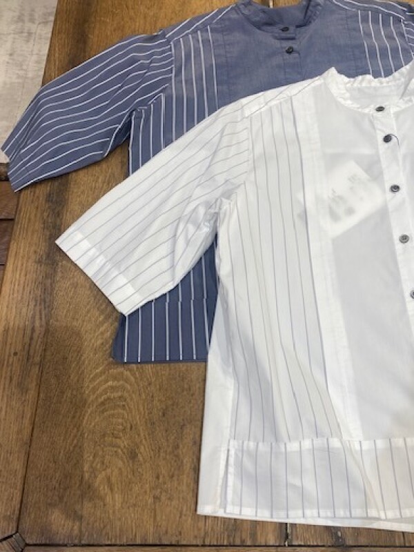 【新作入荷】 ムジストライプコンビ　スタンドネックシャツ