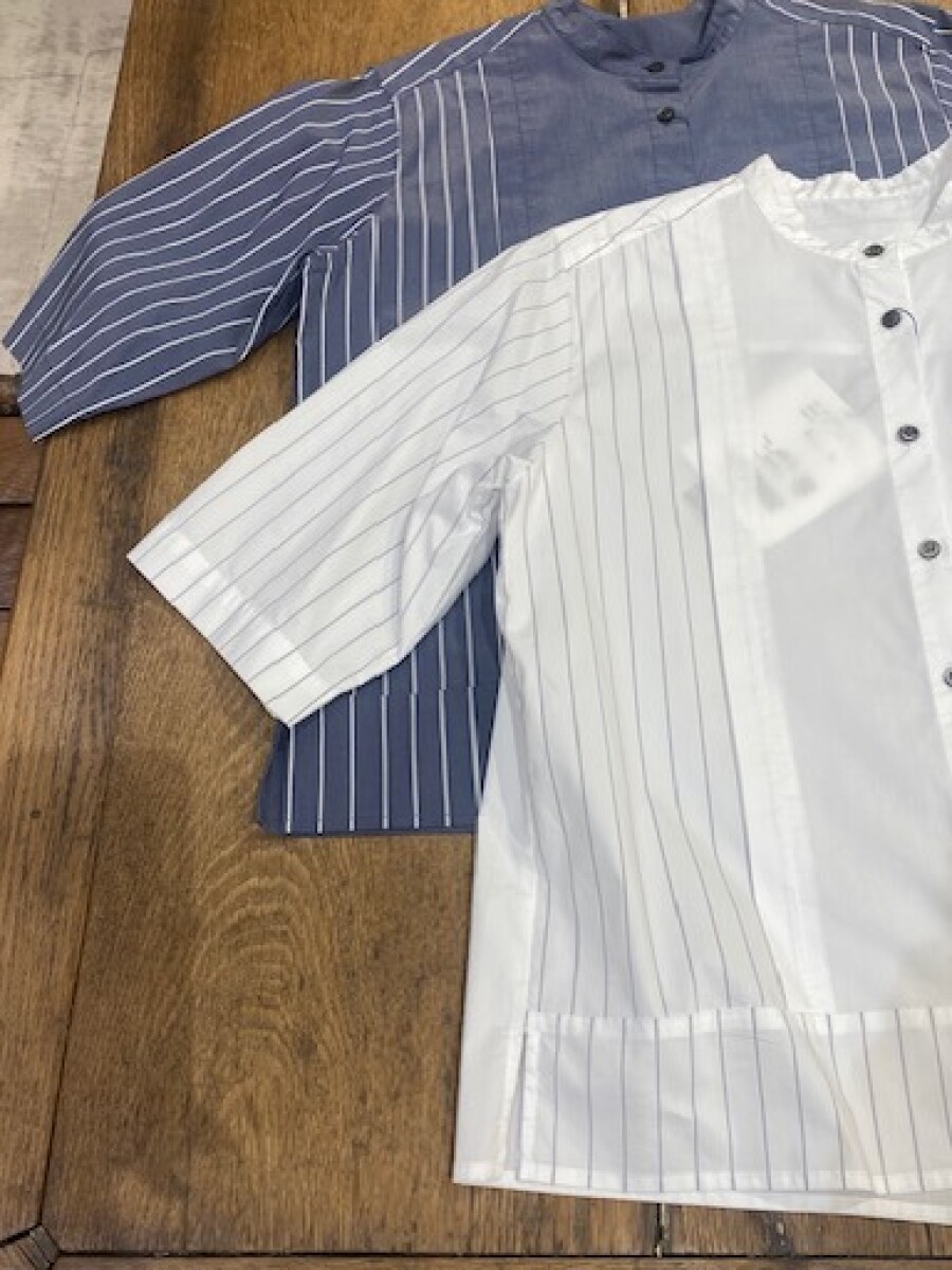 【新作入荷】 ムジストライプコンビ　スタンドネックシャツ